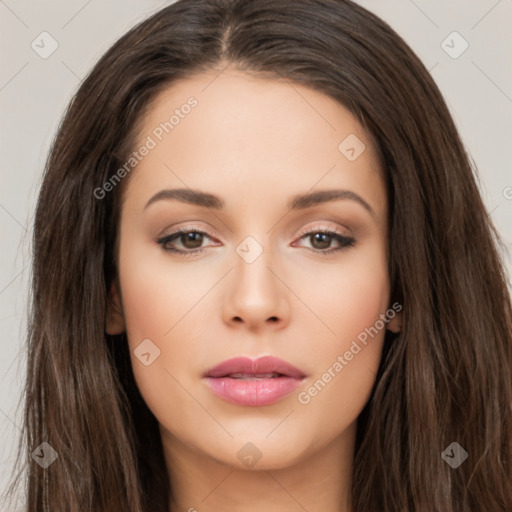 Neutral white young-adult female with long  brown hair and brown eyes