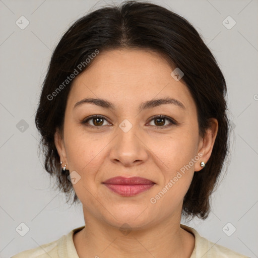 Joyful white adult female with medium  brown hair and brown eyes