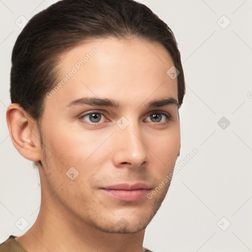 Neutral white young-adult male with short  brown hair and brown eyes