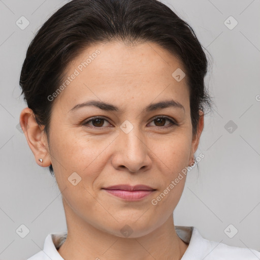 Joyful white young-adult female with medium  brown hair and brown eyes