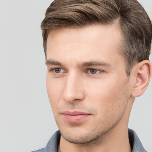 Neutral white young-adult male with short  brown hair and grey eyes