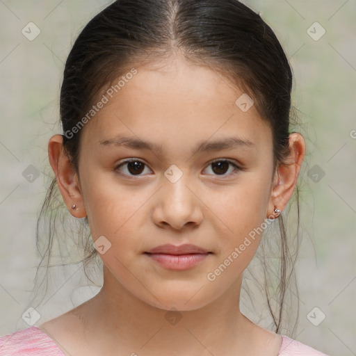 Joyful white child female with medium  brown hair and brown eyes