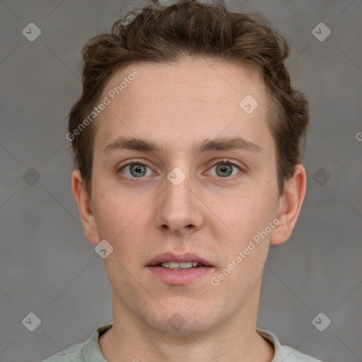 Neutral white young-adult male with short  brown hair and grey eyes