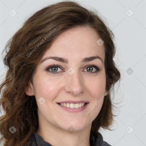 Joyful white young-adult female with long  brown hair and green eyes