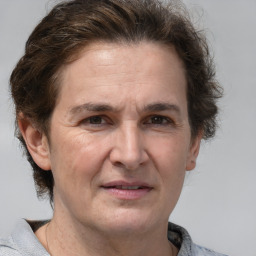 Joyful white adult female with short  brown hair and grey eyes