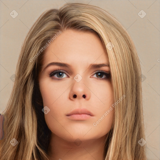 Neutral white young-adult female with long  brown hair and brown eyes