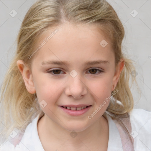 Joyful white child female with medium  brown hair and brown eyes