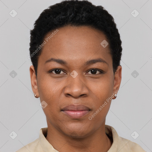 Joyful black young-adult female with short  black hair and brown eyes