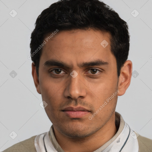 Neutral latino young-adult male with short  black hair and brown eyes