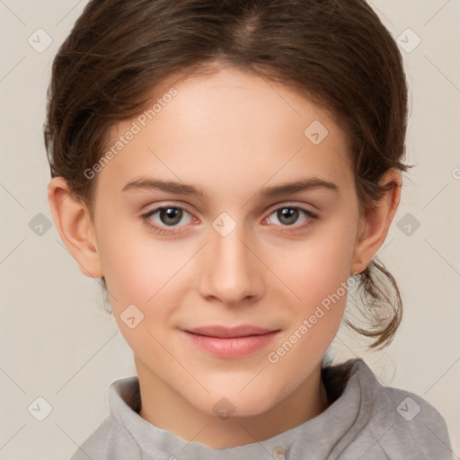 Joyful white child female with short  brown hair and brown eyes