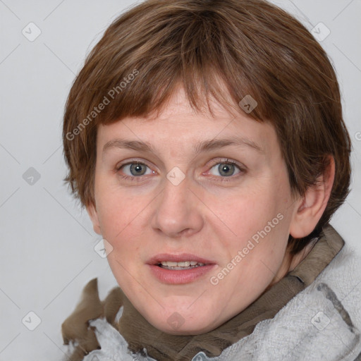 Joyful white young-adult female with medium  brown hair and blue eyes