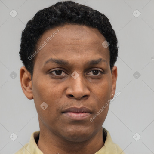 Neutral black young-adult male with short  black hair and brown eyes