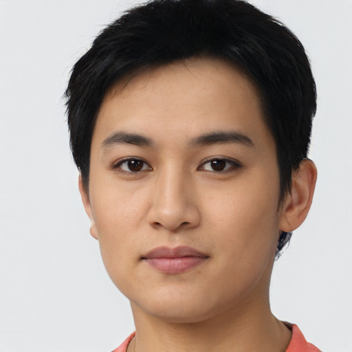 Neutral asian young-adult female with short  black hair and brown eyes