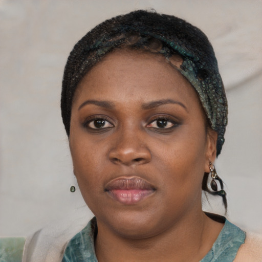 Neutral black young-adult female with short  black hair and brown eyes