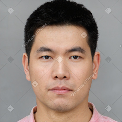 Neutral asian young-adult male with short  black hair and brown eyes