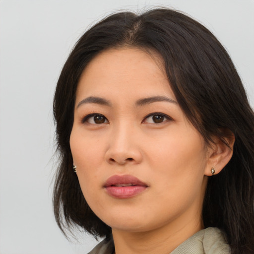 Neutral asian young-adult female with long  brown hair and brown eyes