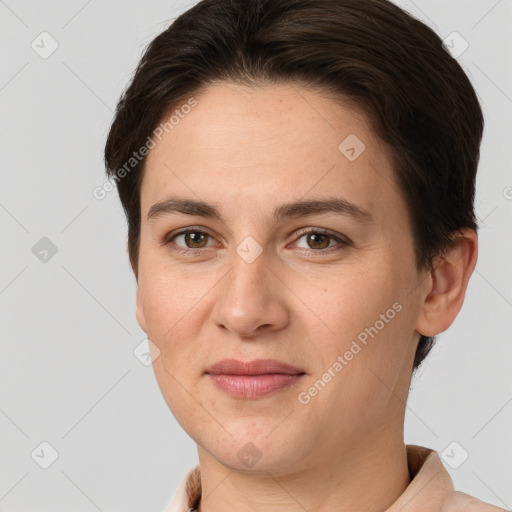 Joyful white young-adult female with short  brown hair and brown eyes