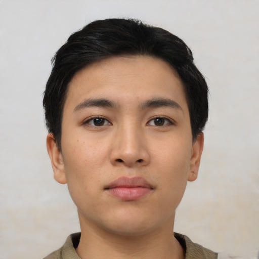 Neutral asian young-adult male with short  black hair and brown eyes