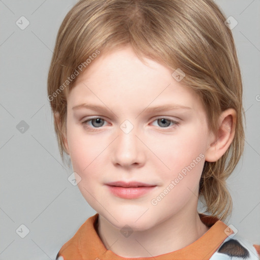 Neutral white child female with medium  brown hair and grey eyes