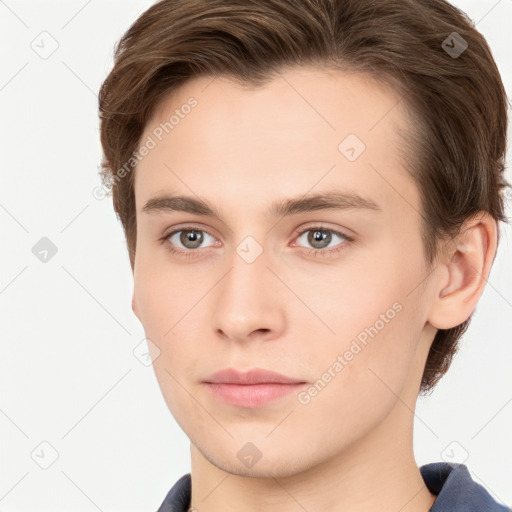 Neutral white young-adult male with short  brown hair and brown eyes