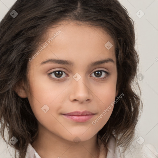 Joyful white child female with medium  brown hair and brown eyes