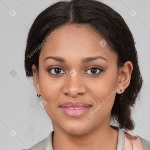 Joyful latino young-adult female with medium  brown hair and brown eyes