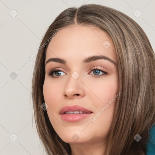 Neutral white young-adult female with long  brown hair and brown eyes