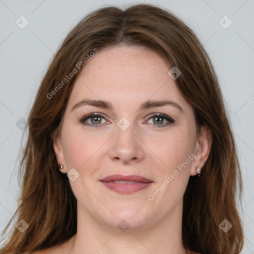 Joyful white young-adult female with medium  brown hair and green eyes