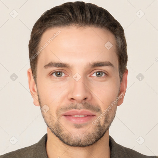 Joyful white young-adult male with short  brown hair and brown eyes