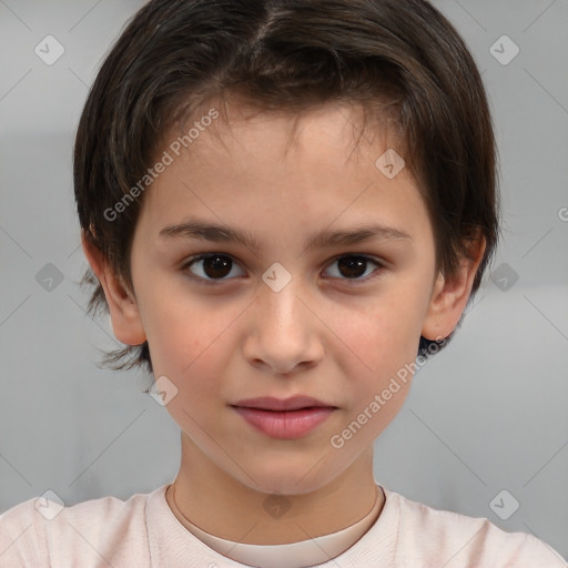 Joyful white child female with short  brown hair and brown eyes