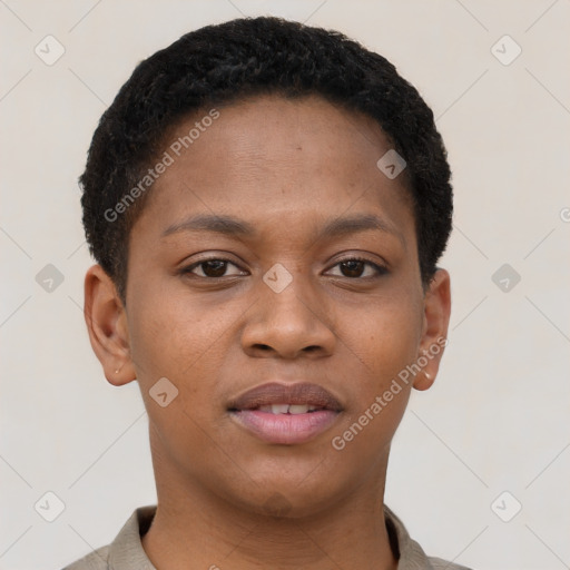 Neutral black young-adult female with short  brown hair and brown eyes