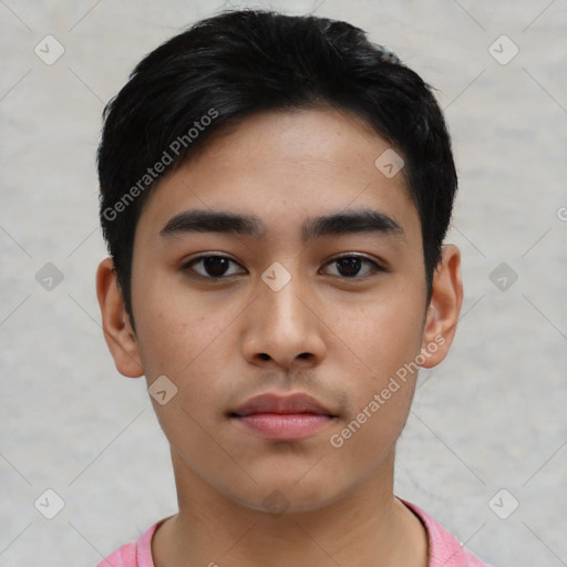 Neutral latino young-adult male with short  black hair and brown eyes