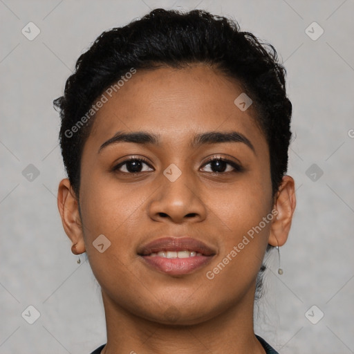 Joyful latino young-adult female with short  brown hair and brown eyes