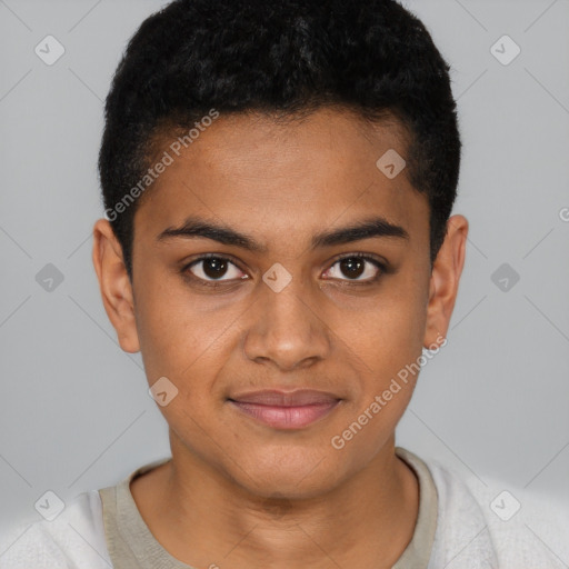 Joyful black young-adult male with short  black hair and brown eyes