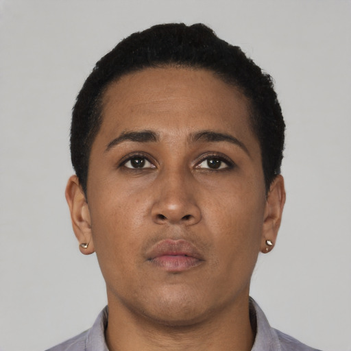 Neutral black young-adult female with short  black hair and brown eyes