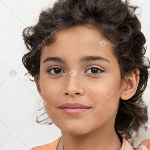 Joyful white child female with medium  brown hair and brown eyes