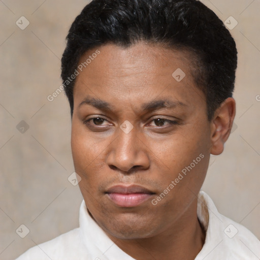 Neutral latino young-adult male with short  black hair and brown eyes