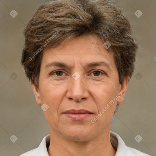 Joyful white middle-aged male with short  brown hair and brown eyes