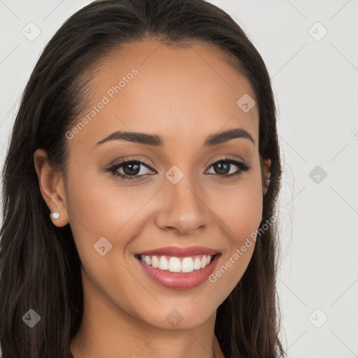 Joyful white young-adult female with long  brown hair and brown eyes