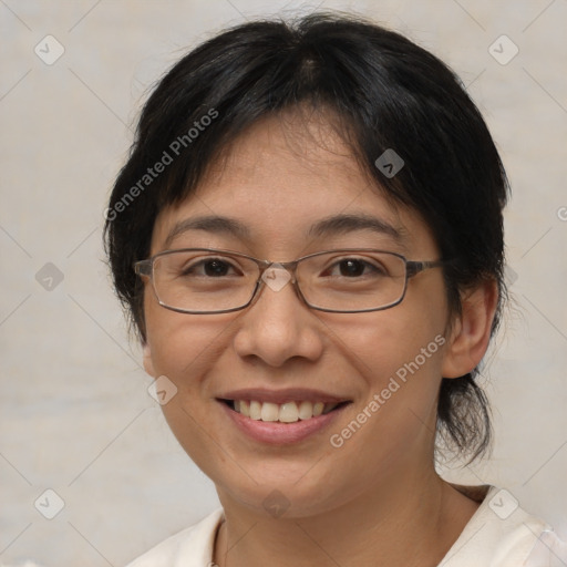 Joyful white adult female with medium  brown hair and brown eyes