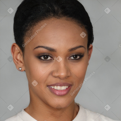 Joyful black young-adult female with short  brown hair and brown eyes