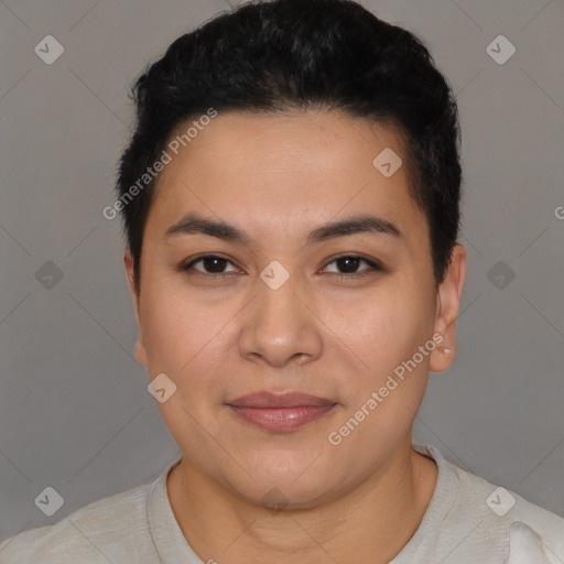 Joyful latino young-adult female with short  black hair and brown eyes