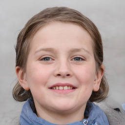 Joyful white child female with medium  brown hair and blue eyes