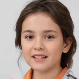 Joyful white child female with medium  brown hair and brown eyes