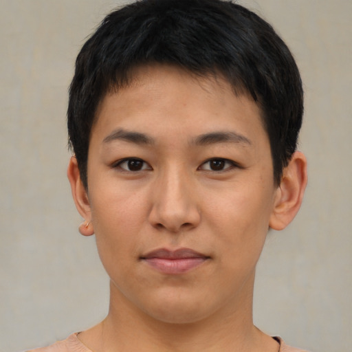 Neutral asian young-adult female with short  brown hair and brown eyes