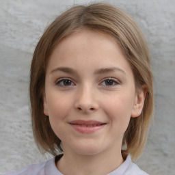 Joyful white child female with medium  brown hair and brown eyes