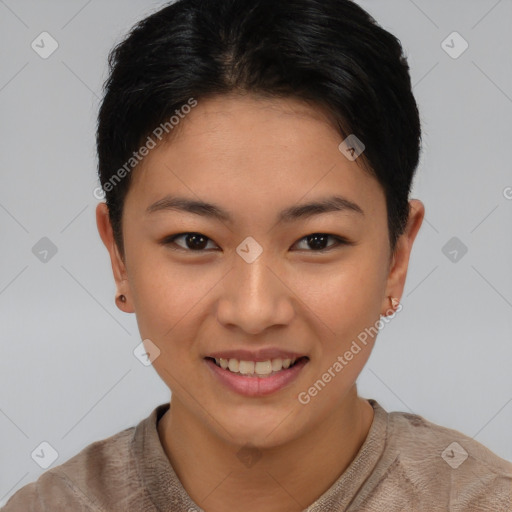 Joyful asian young-adult female with short  brown hair and brown eyes