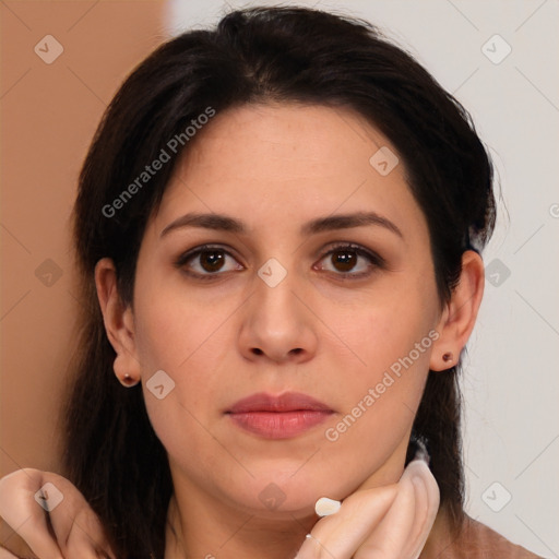 Neutral white young-adult female with medium  brown hair and brown eyes