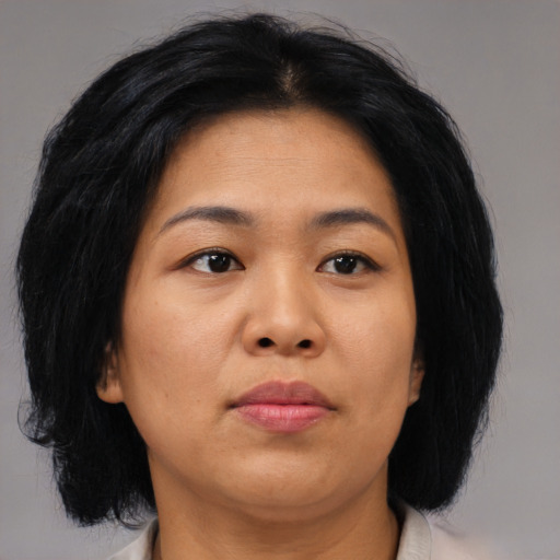 Neutral asian young-adult female with medium  brown hair and brown eyes