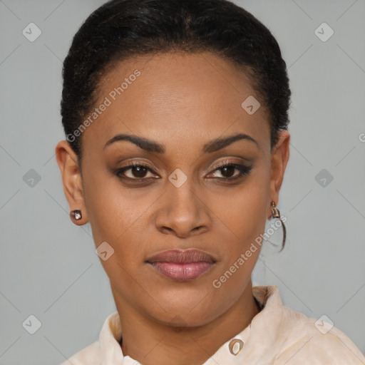 Joyful latino young-adult female with short  brown hair and brown eyes